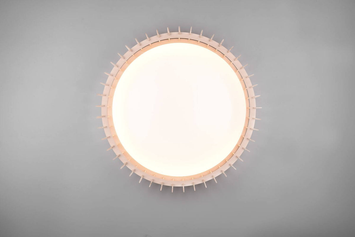 Vue par-dessous du luminaire rond, grand diffuseur blanc et petites tiges radiales autour.