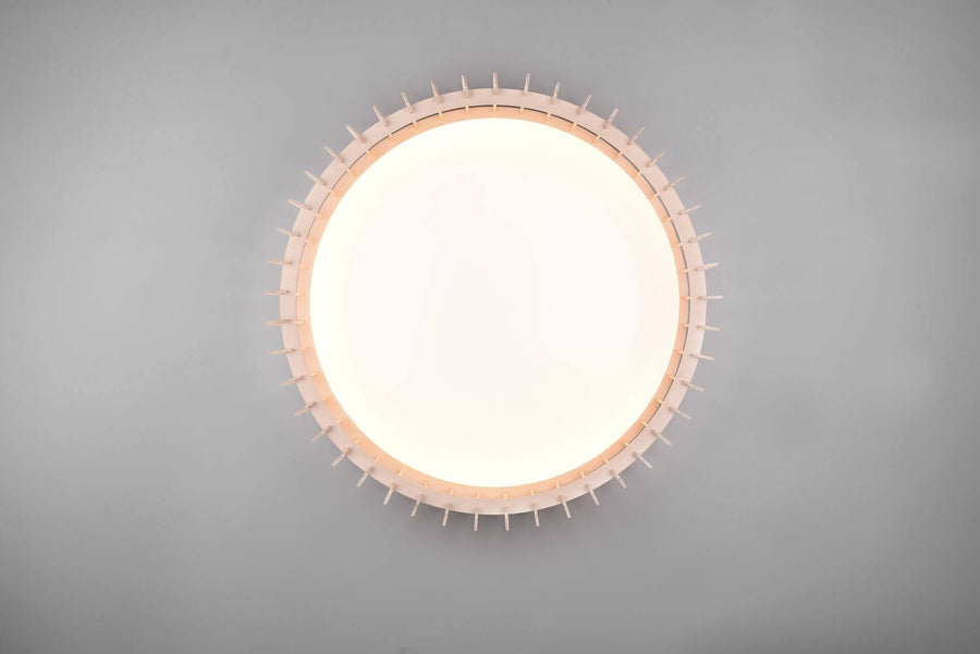 Vue par-dessous du luminaire rond, grand diffuseur blanc et petites tiges radiales autour.