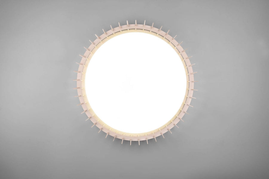 Face inférieure du plafonnier allumé, disque lumineux central et picots régulièrement répartis.