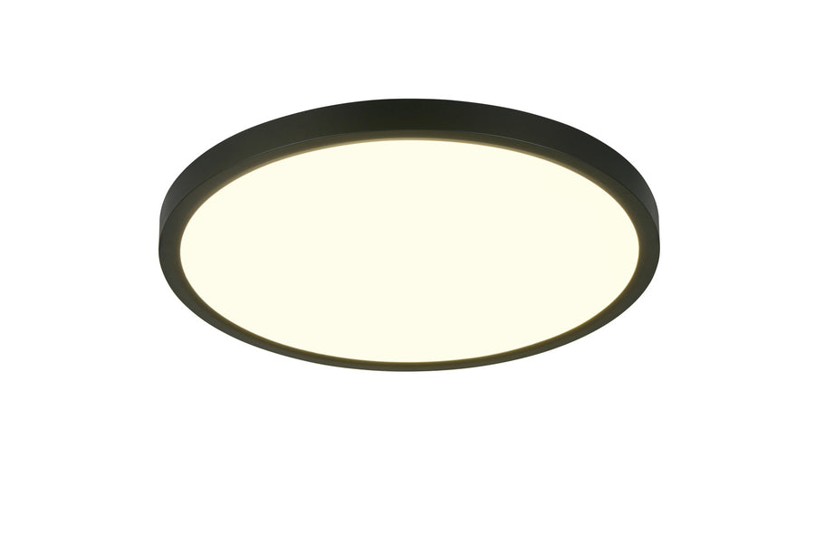 Autre angle du plafonnier rond noir mat avec diffuseur blanc lumineux.