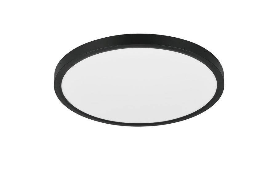 Vue en perspective du plafonnier rond montrant son épaisseur et sa finition noire.