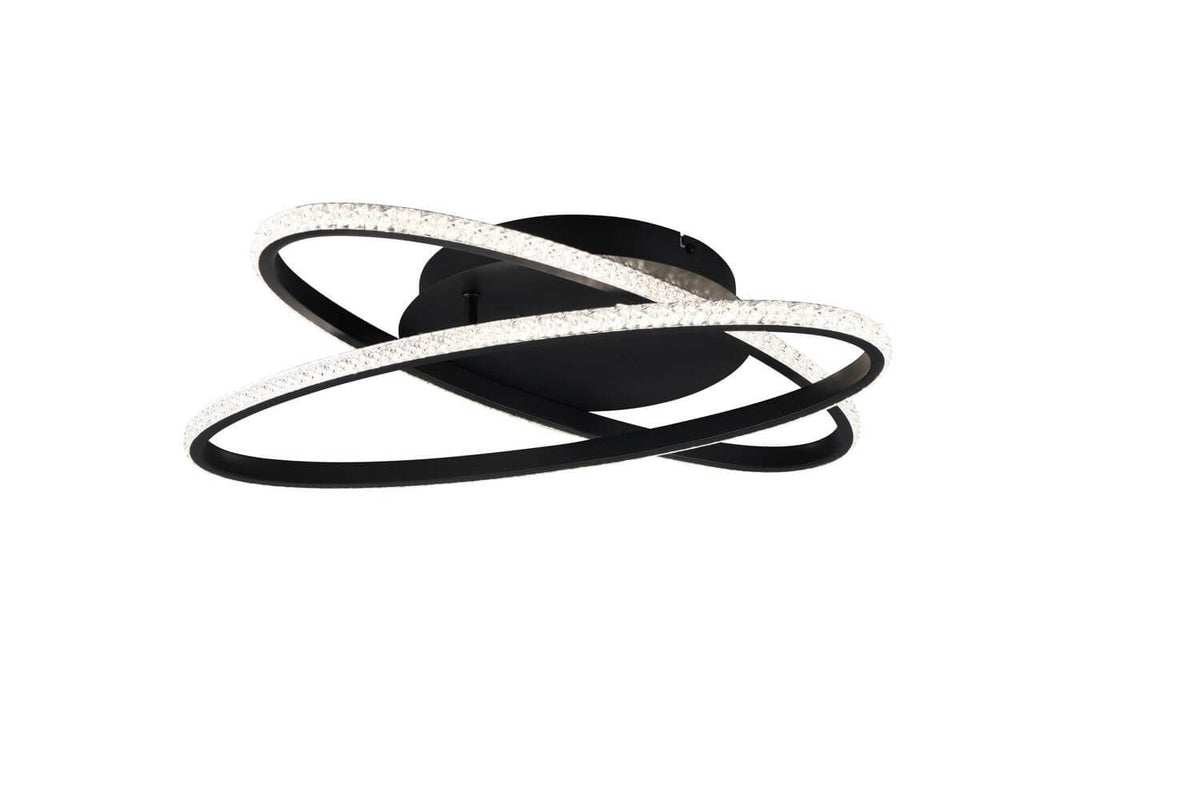 Luminaire plafond noir mat, anneaux ovales croisés, éclairage LED intégré en gros plan.