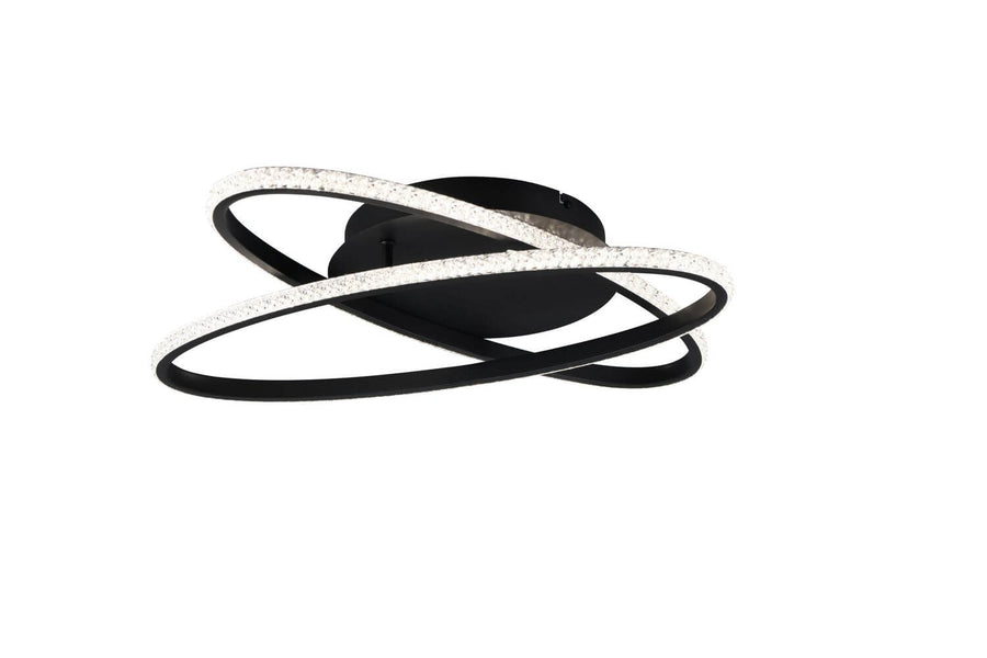 Luminaire plafond noir mat, anneaux ovales croisés, éclairage LED intégré en gros plan.