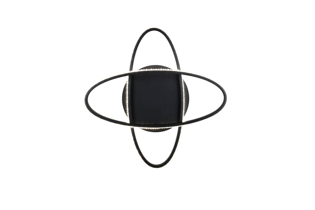 Plafonnier carré noir mat avec deux anneaux LED fins entrecroisés, vu de dessous.