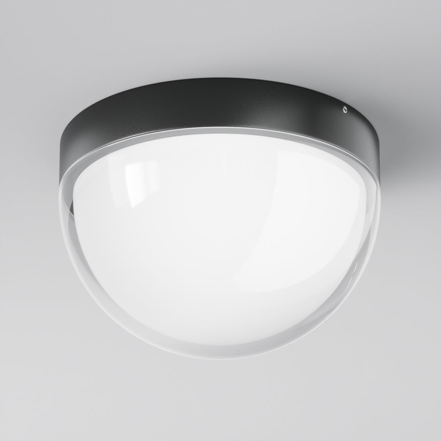 Vue de face du plafonnier rond à base sombre et diffuseur blanc bombé