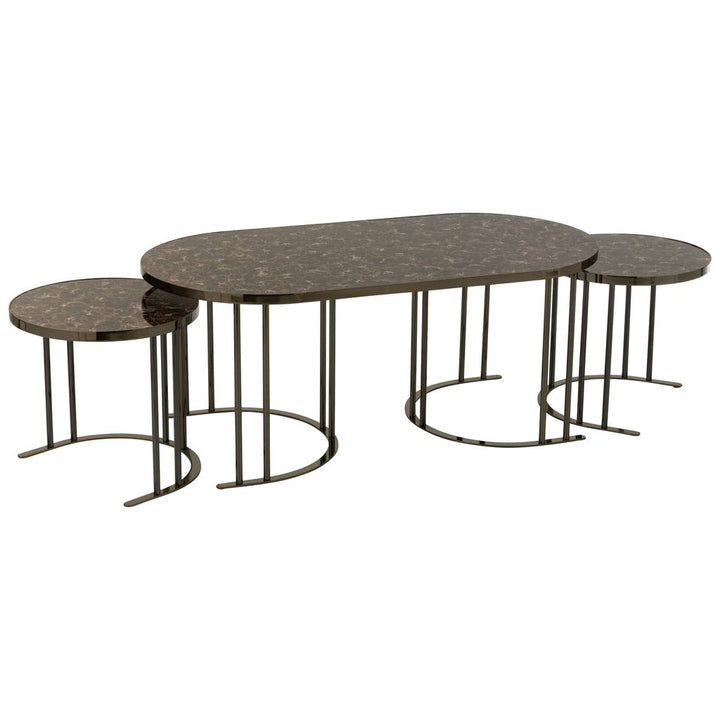 Ensemble de 3 tables d'appoint ovales en métal argent/marron | Designix -     - https://designix.fr