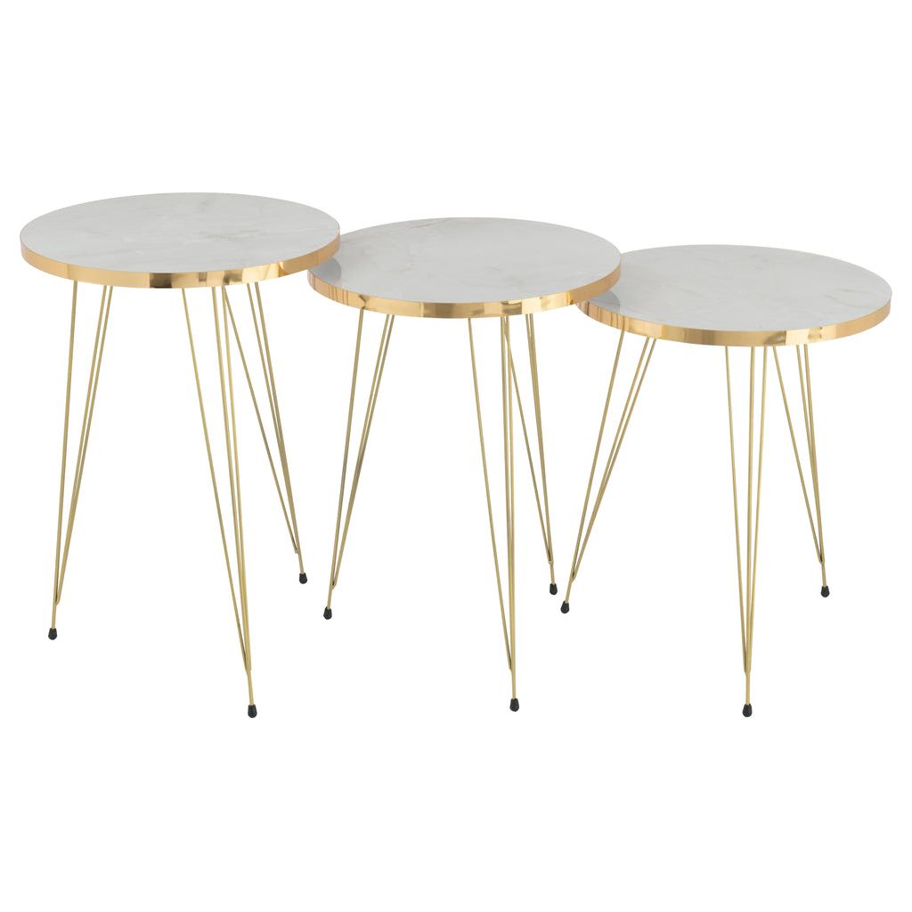 Ensemble de 3 tables d'appoint MDF/Métal Blanc/Or | Designix -     - https://designix.fr