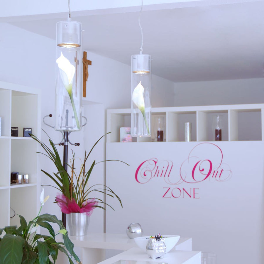 Deux suspensions à cylindre de verre avec fleurs blanches dans un espace blanc de détente.