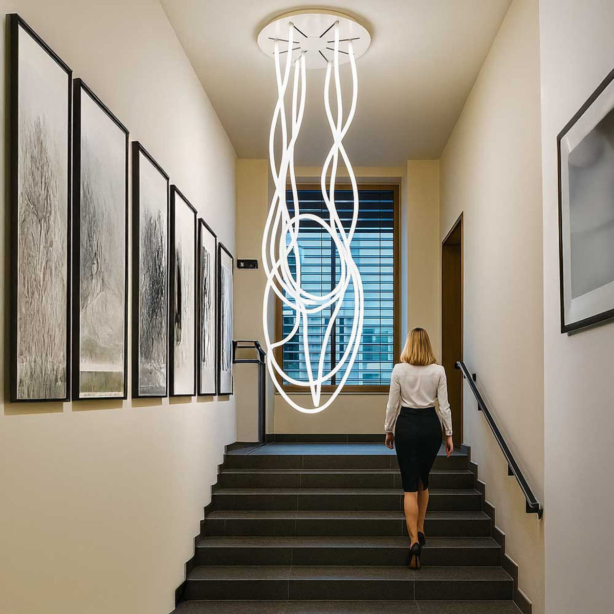Mise en ambiance dans un couloir avec une femme marchant sous la suspension.