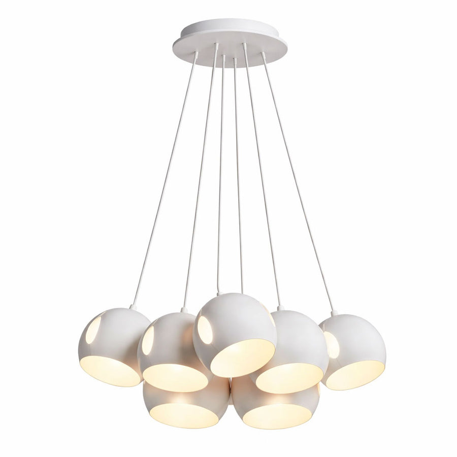 Version blanche mate du luminaire, câbles fins et rosace ronde sur fond neutre