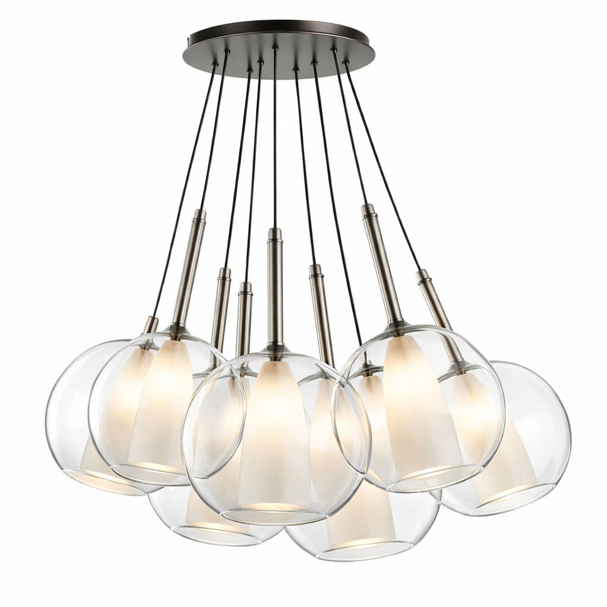Vue de face du luminaire sept lumières, verre transparent et structure métallique noire