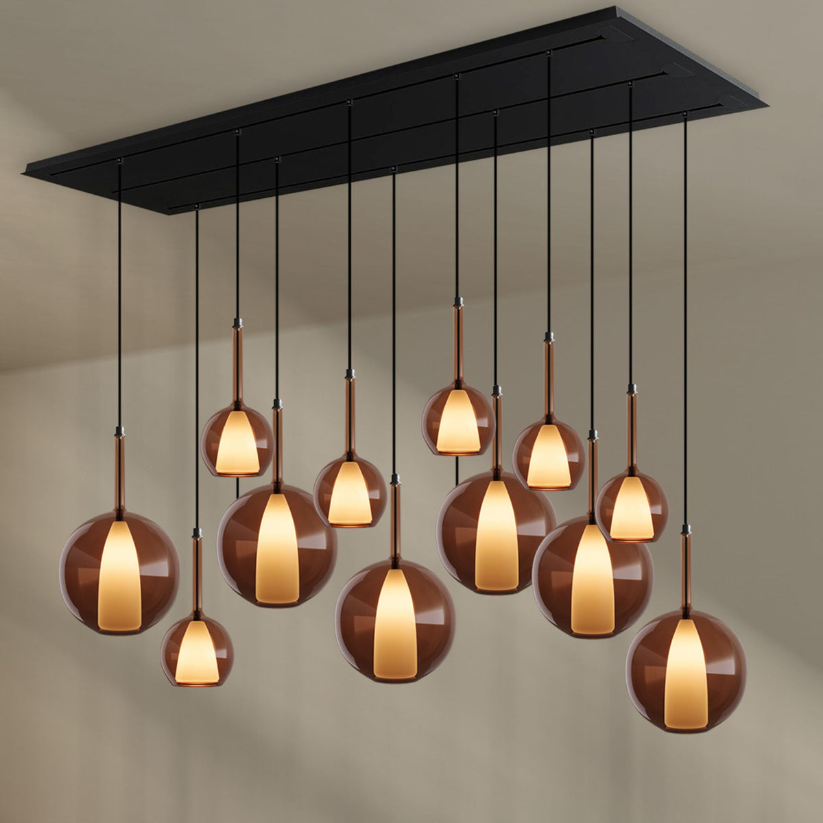 Suspension de table Belluna 12 lumières sur 3 rangées, longueur 200 cm