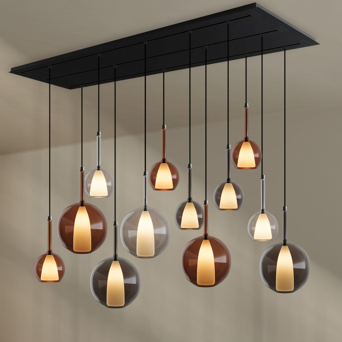 Suspension de table Belluna 12 lumières sur 3 rangées, longueur 200 cm