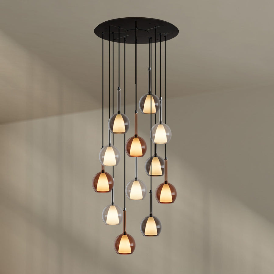 Suspension grande hauteur Belluna 12 lumières, rosace Ø 80 cm
