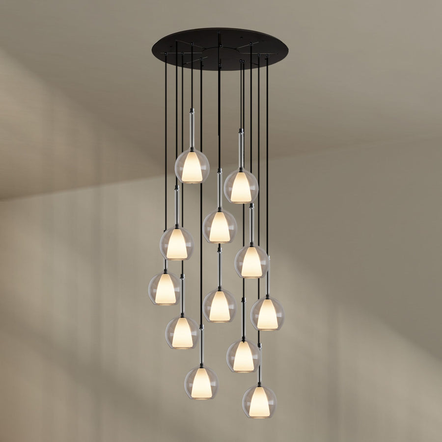 Suspension grande hauteur Belluna 12 lumières, rosace Ø 80 cm