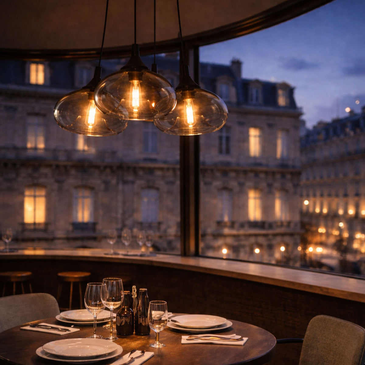 Suspension allumée au-dessus d'une table de restaurant, vue sur immeubles au crépuscule