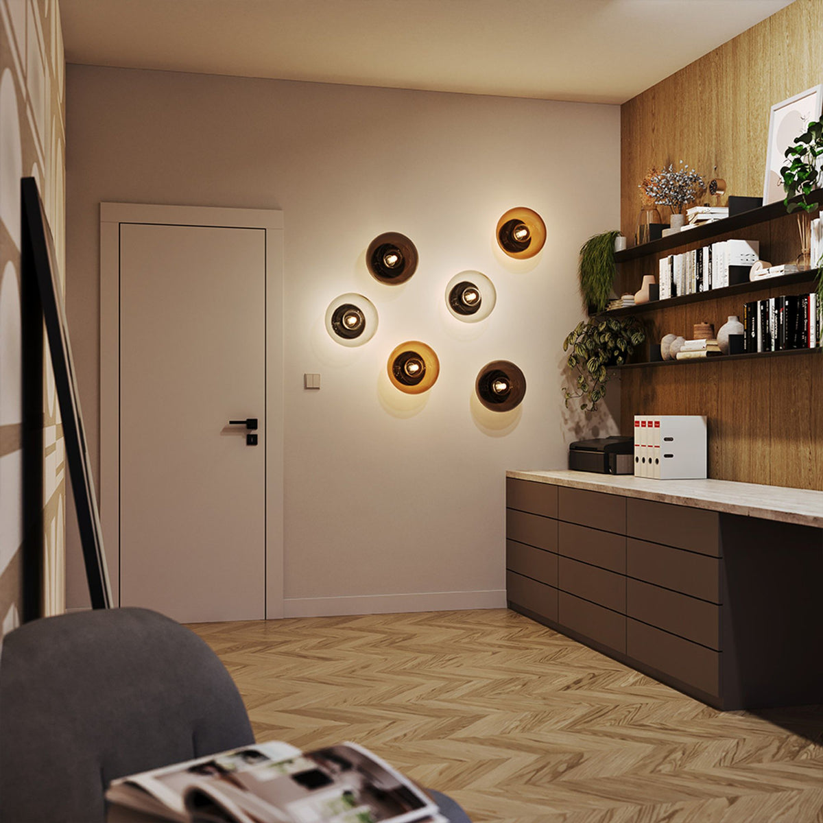 Six appliques murales rondes en quinconce, ambiance bureau en bois