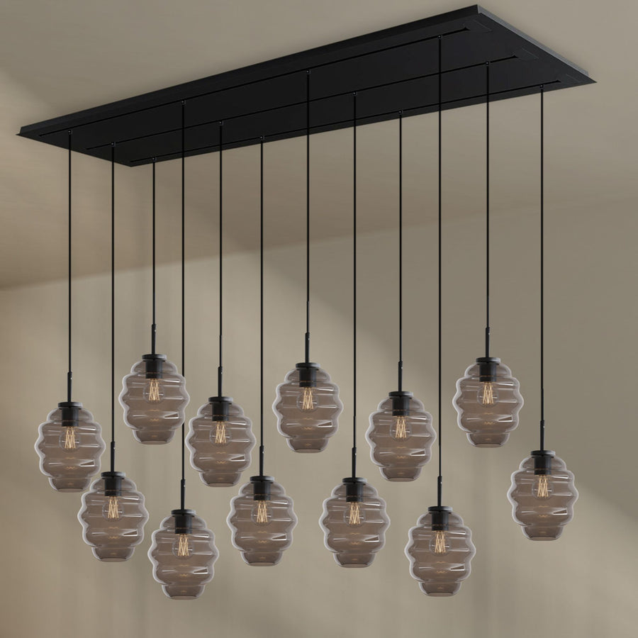 Suspension de table Echos 12 lumières sur 3 rangées, longueur 200 cm, verres Ø 18 cm
