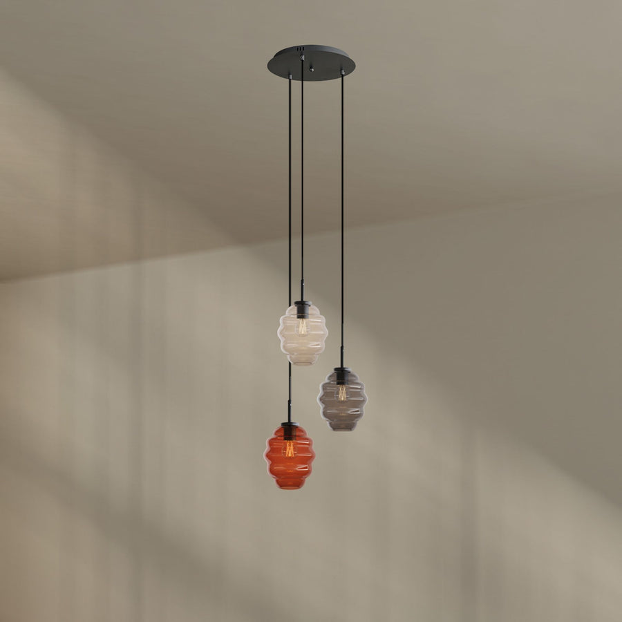 Suspension grande hauteur Echos 3 lumières, rosace Ø 40 cm, verres Ø 18 cm
