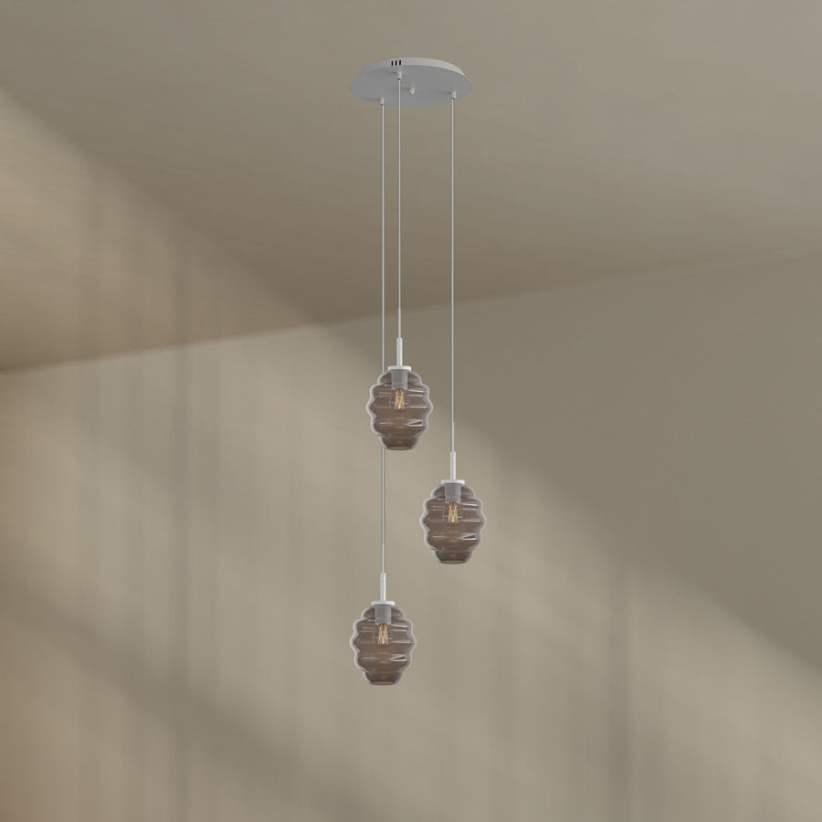 Suspension grande hauteur Echos 3 lumières, rosace Ø 40 cm, verres Ø 18 cm
