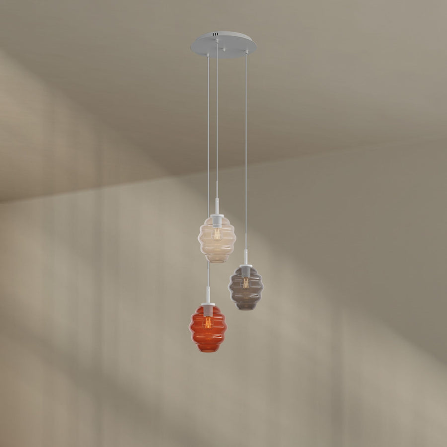 Suspension grande hauteur Echos 3 lumières, rosace Ø 40 cm, verres Ø 18 cm
