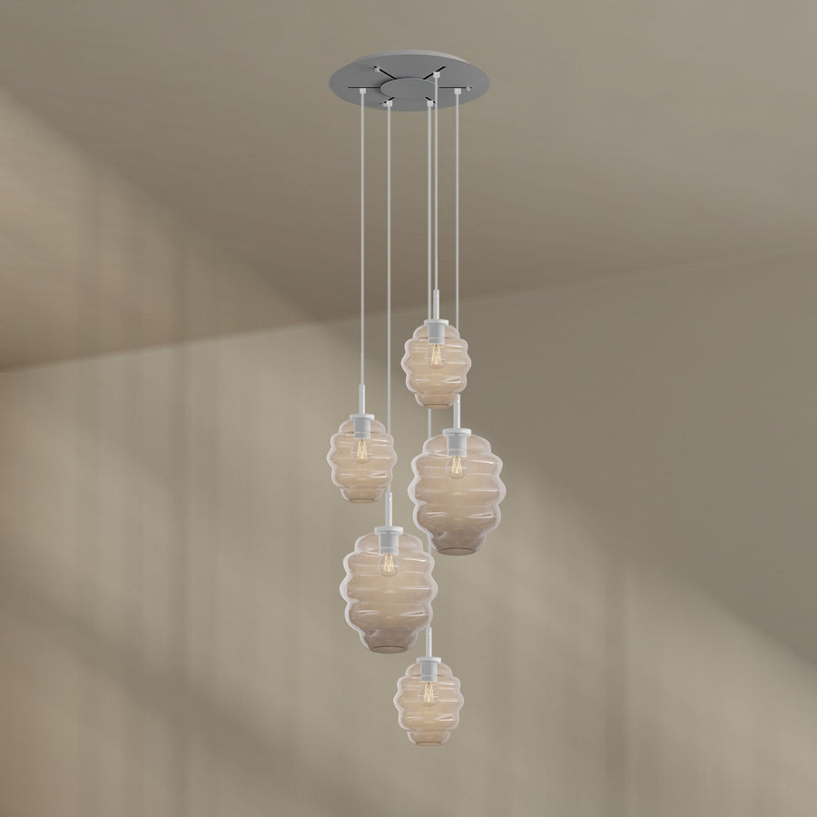 Suspension grande hauteur Echos 5 lumières, rosace Ø 60 cm, verres Ø 18 et 25 cm