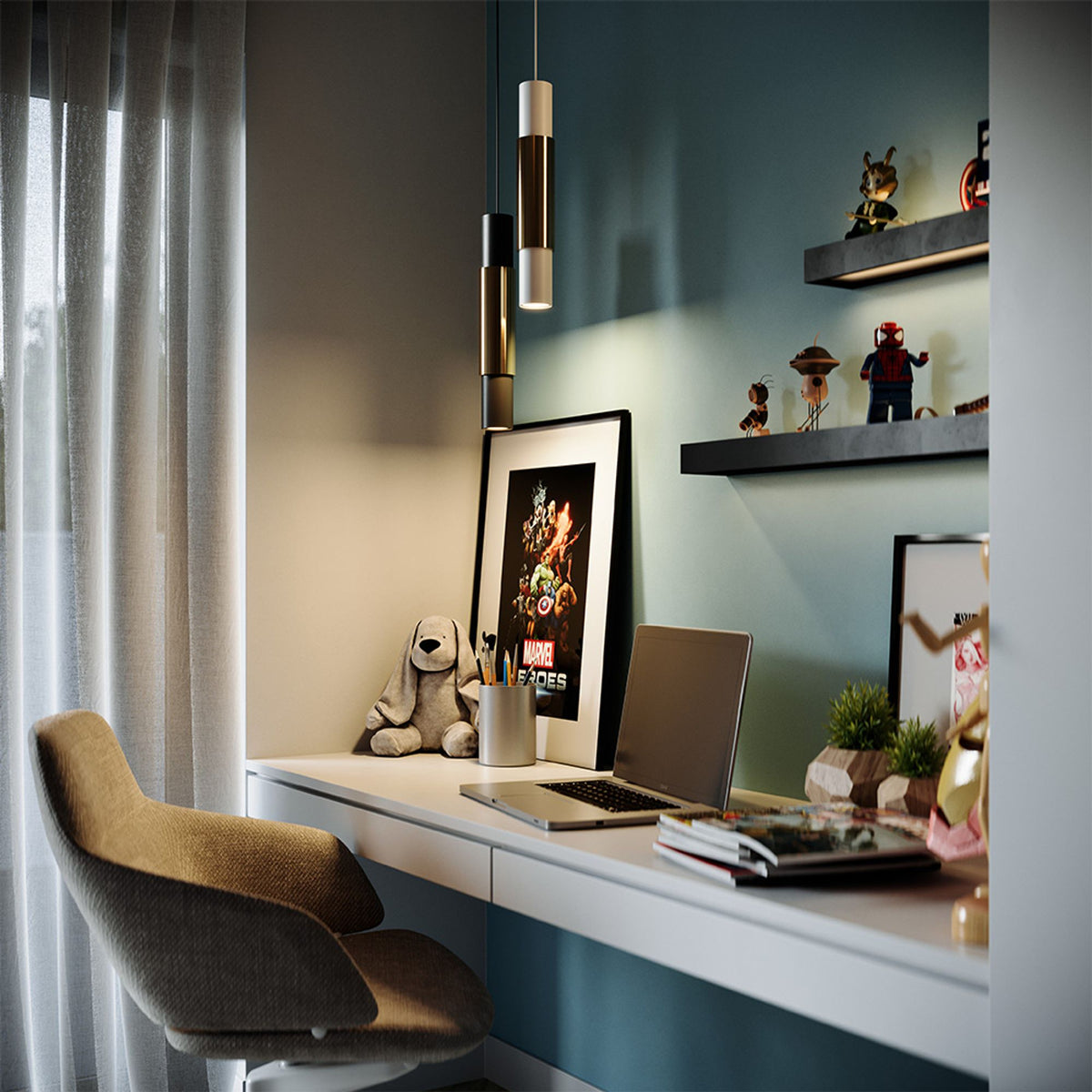 Suspensions cylindriques dorées et noires au-dessus d'un bureau bleu avec étagères décorées.