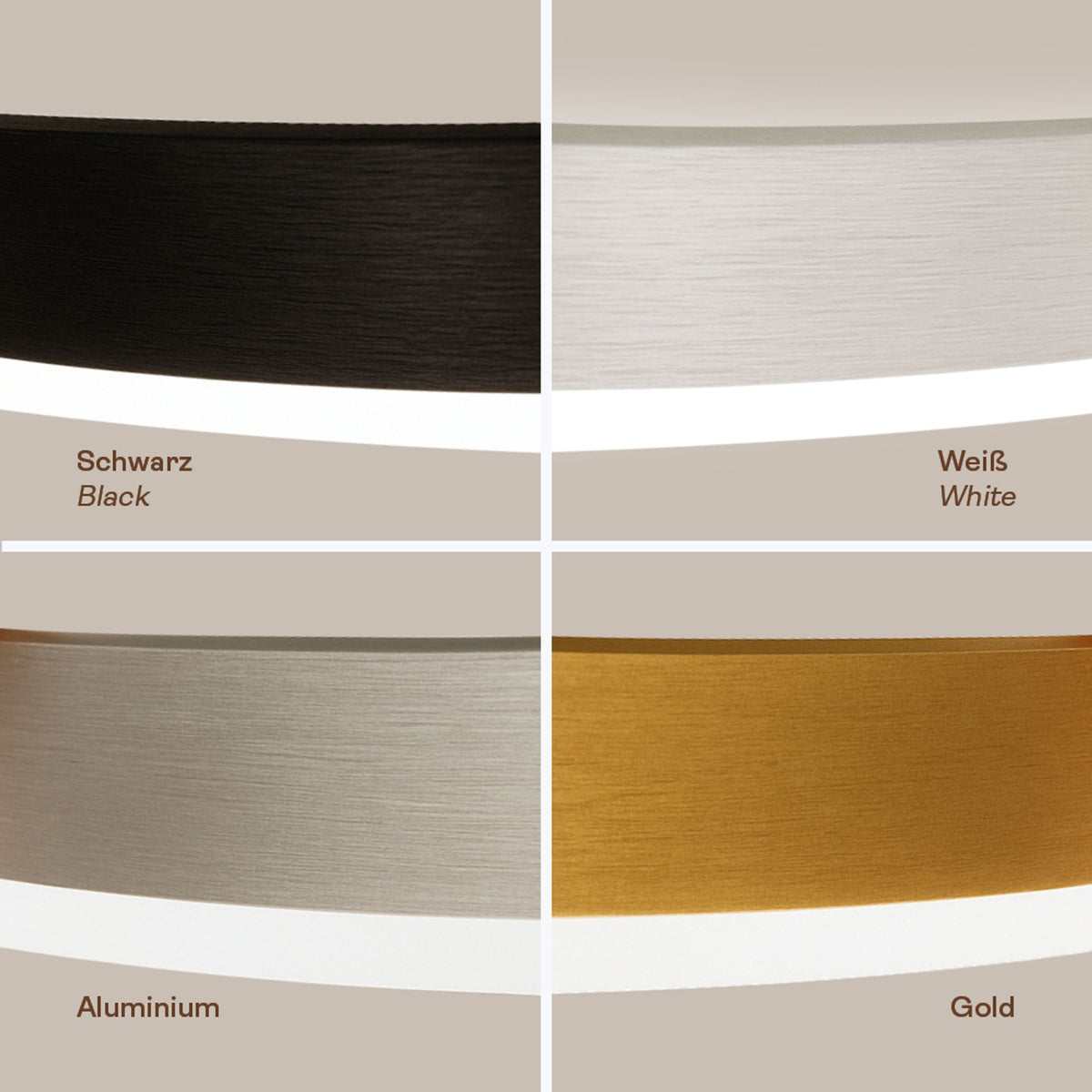 Nuancier des finitions noir, blanc, aluminium brossé et doré du luminaire