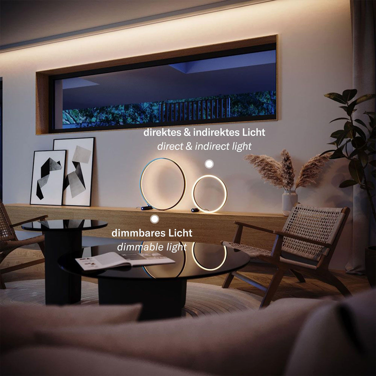 Mise en ambiance nocturne avec mentions lumière directe indirecte et variateur intégré