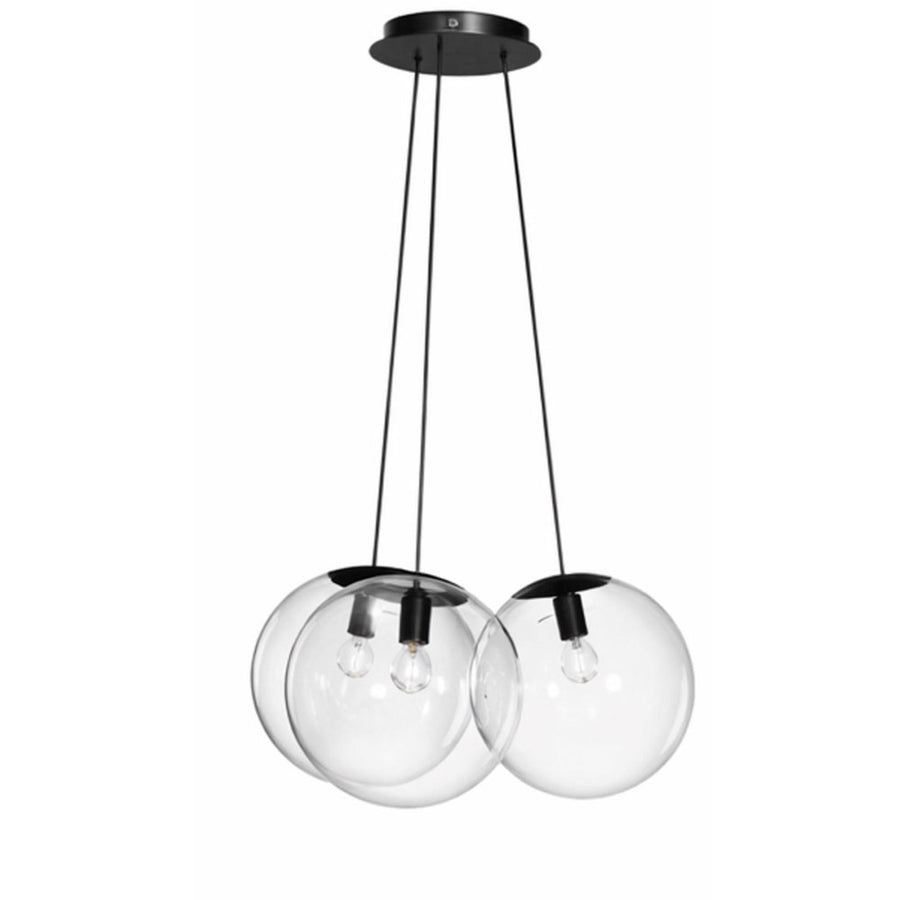 Vue de face de la suspension à trois globes transparents et finitions noires