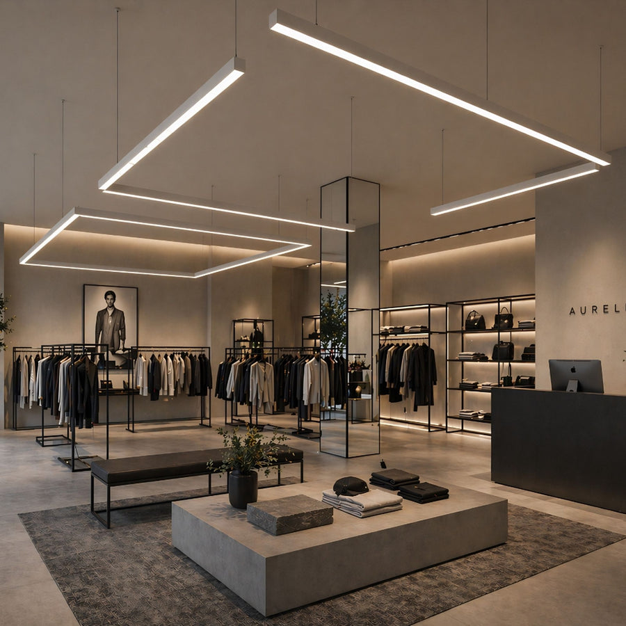 Grands cadres lumineux carrés suspendus au plafond d'une boutique de vêtements minimaliste