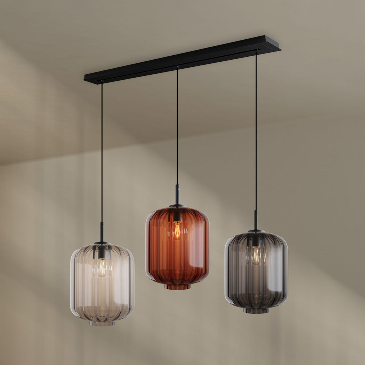 Suspension de table Velo 3 lumières, longueur 120 cm, verres Ø 25 cm