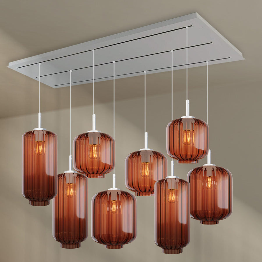 Suspension de table Velo 8 lumières sur 3 rangées, longueur 200 cm, verres Ø 18, 20 et 25 cm