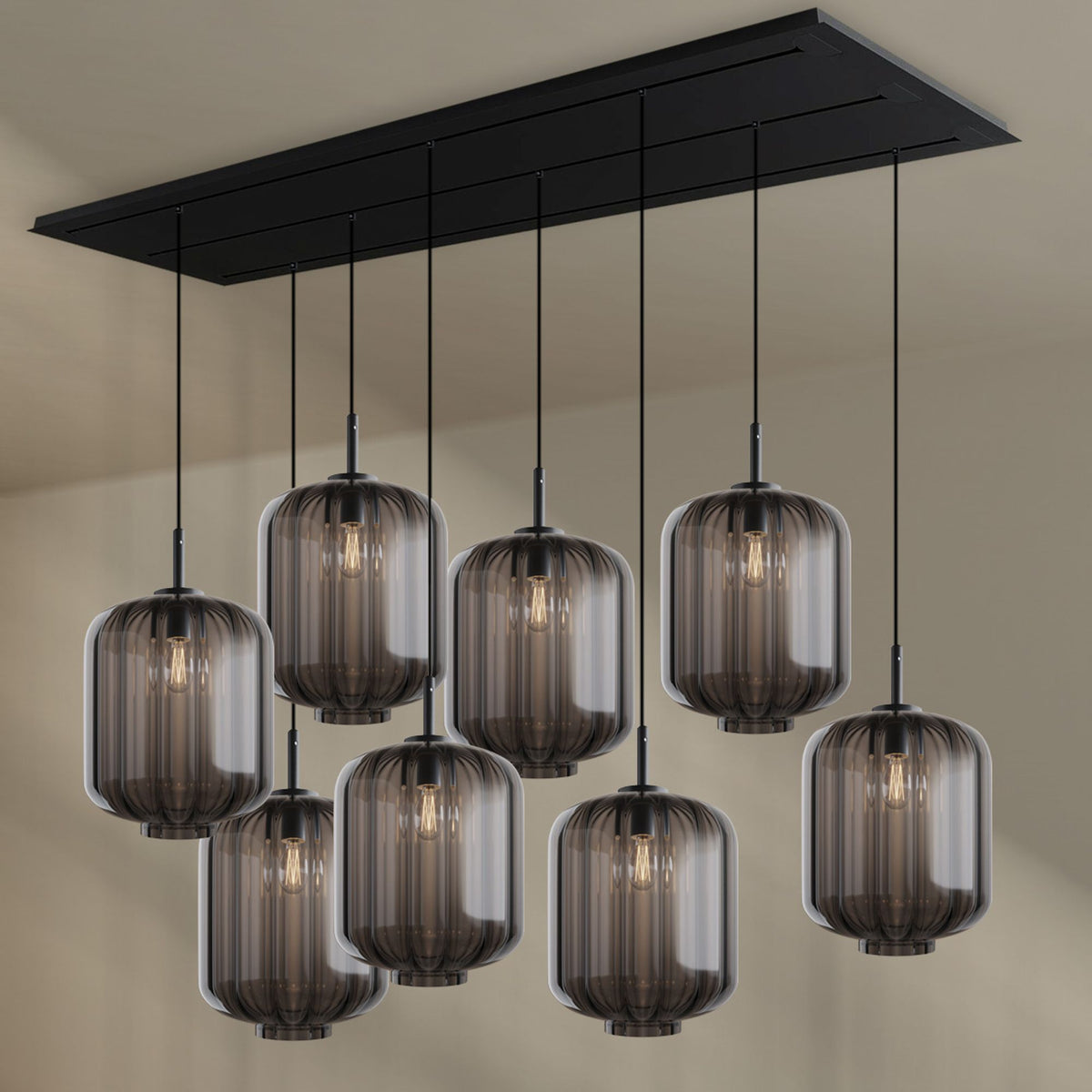 Suspension complète vue de face, verres fumés gris et structure noire rectangulaire au plafond