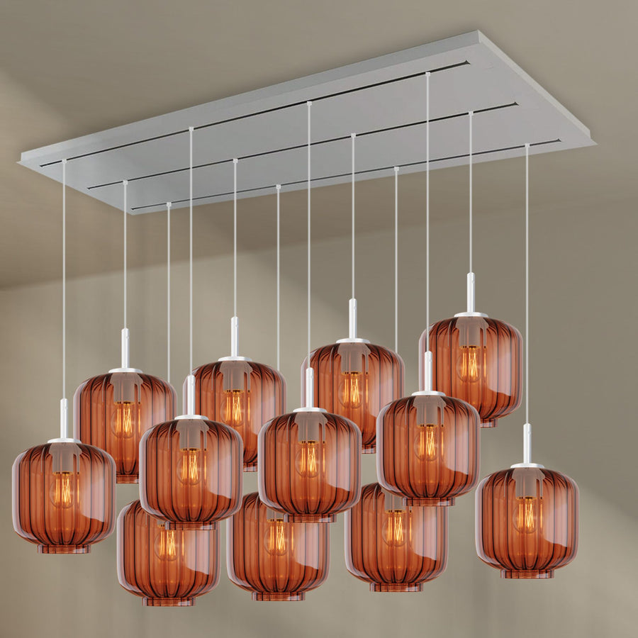 Suspension de table Velo 12 lumières sur 3 rangées, longueur 200 cm, verres Ø 20 cm