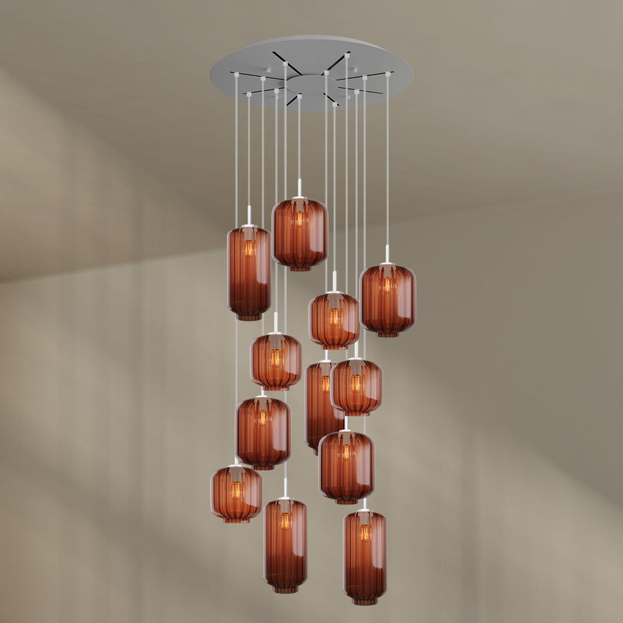 Suspension grande hauteur Velo 12 lumières, rosace Ø 80 cm, verres Ø 18, 20 et 25 cm