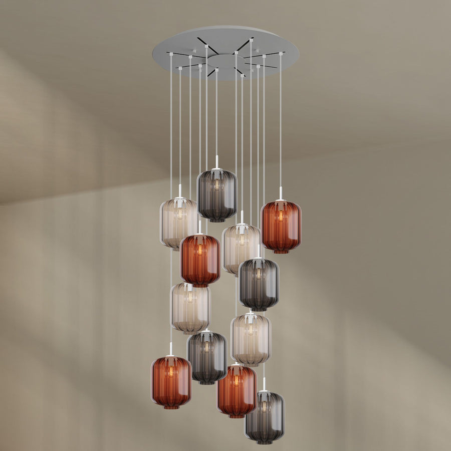 Suspension grande hauteur Velo 12 lumières, rosace Ø 80 cm, verres Ø 20 cm