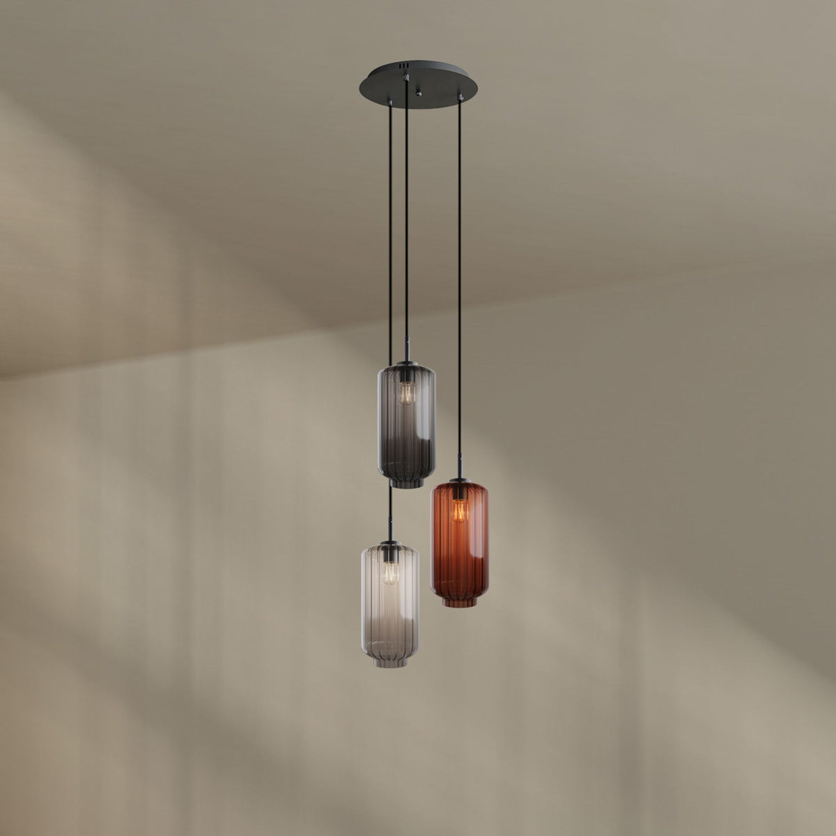 Suspension grande hauteur Velo 3 lumières, rosace Ø 40 cm, verres Ø 18 cm