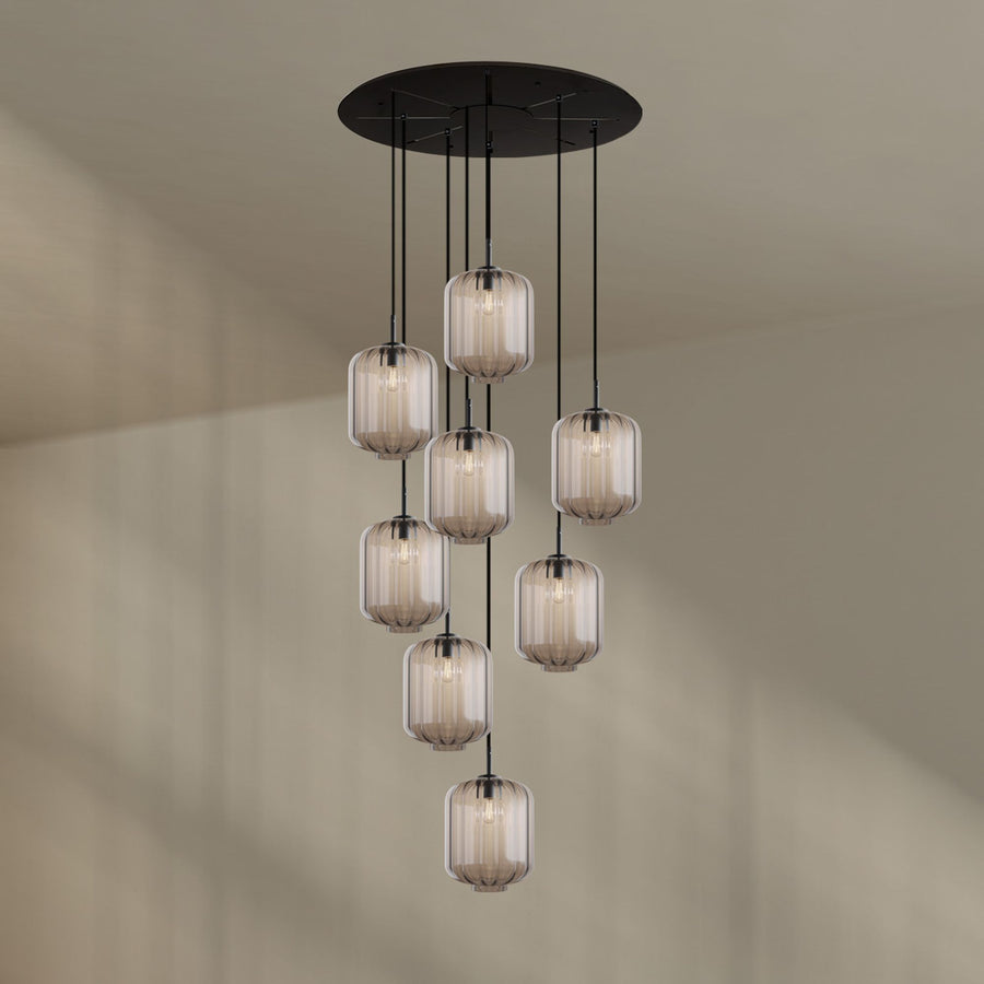 Suspension grande hauteur Velo 8 lumières, rosace Ø 80 cm, verres Ø 25 cm