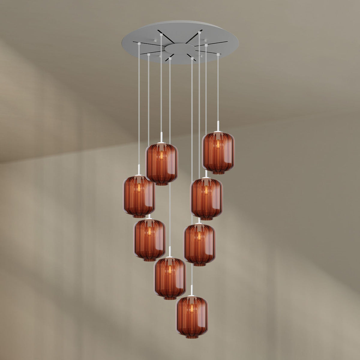 Suspension grande hauteur Velo 8 lumières, rosace Ø 80 cm, verres Ø 25 cm