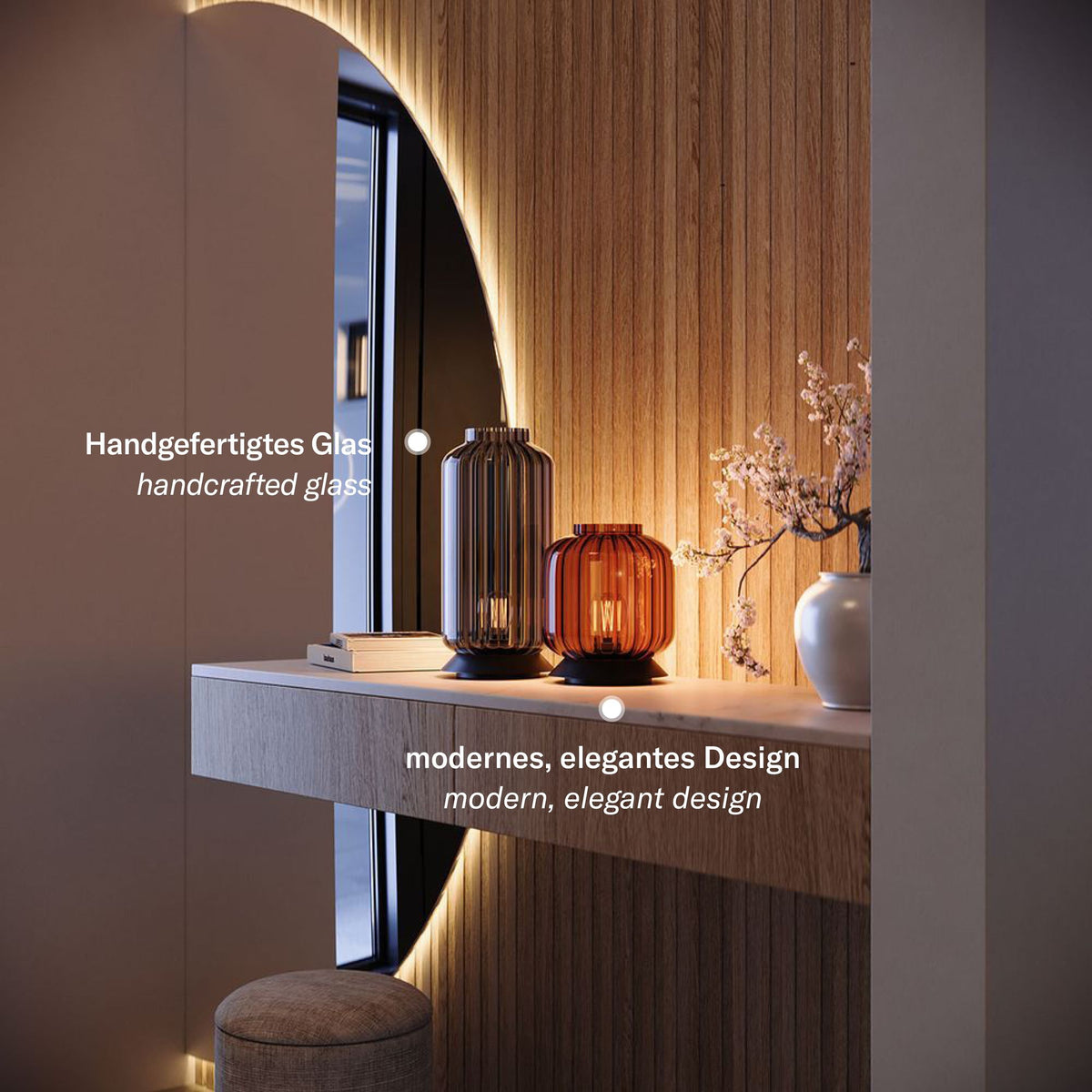 Mise en ambiance dans un intérieur contemporain, légendes sur le verre soufflé et le design élégant