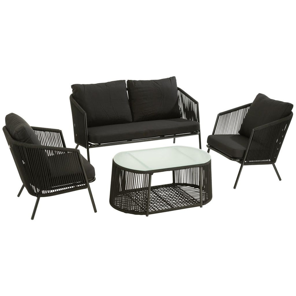 Ensemble de 4 canapés Eli + tables + coussins en métal/corde noir | Designix -     - https://designix.fr