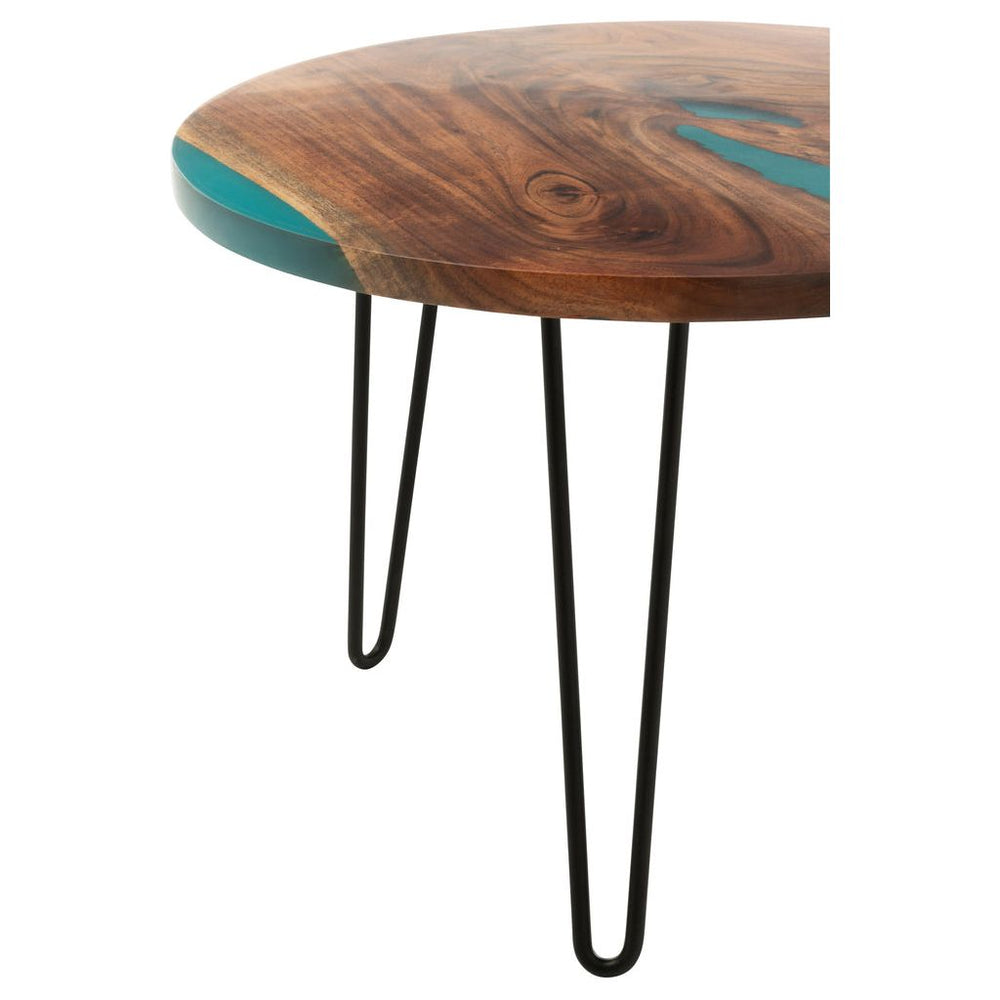 Table d'appoint ronde en bois d'acacia/résine naturelle/bleue | Designix -     - https://designix.fr