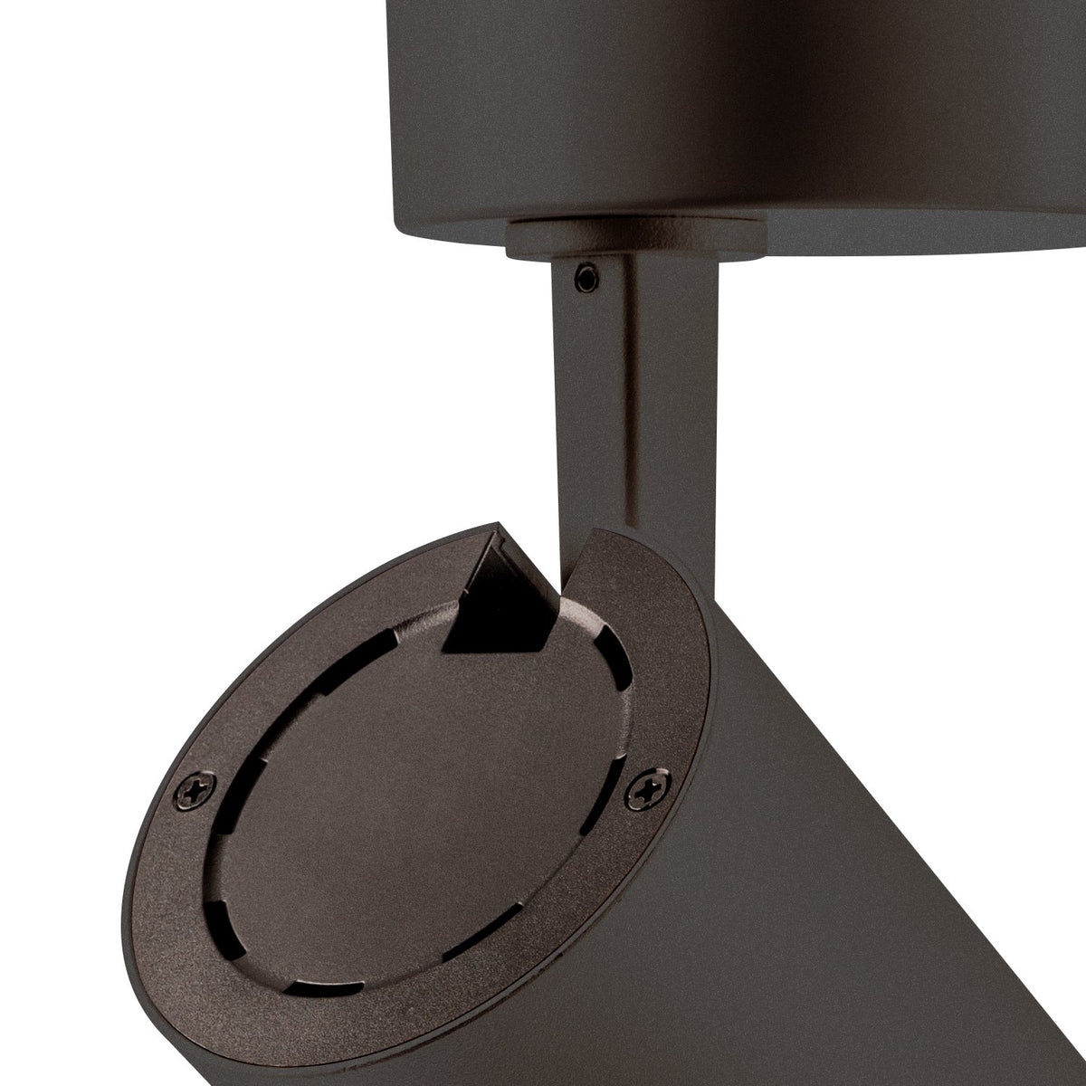 Détail de l'articulation noire, vis et axe de rotation du spot orientable.