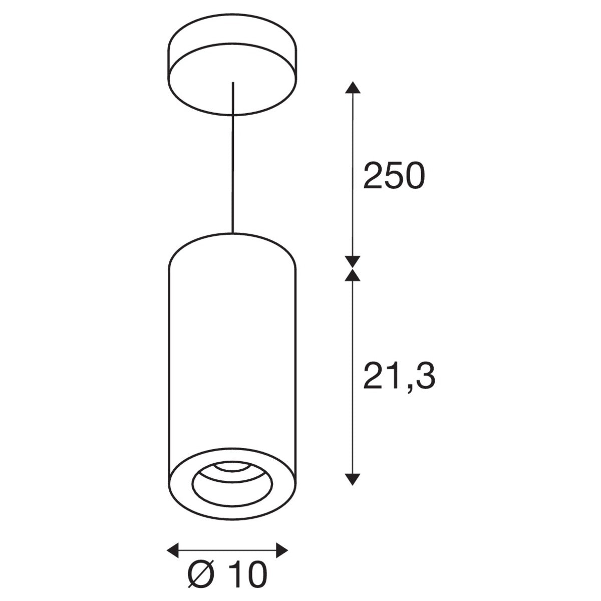 Schéma coté de la suspension : hauteur 21,3 cm, diamètre 10 cm et câble 250