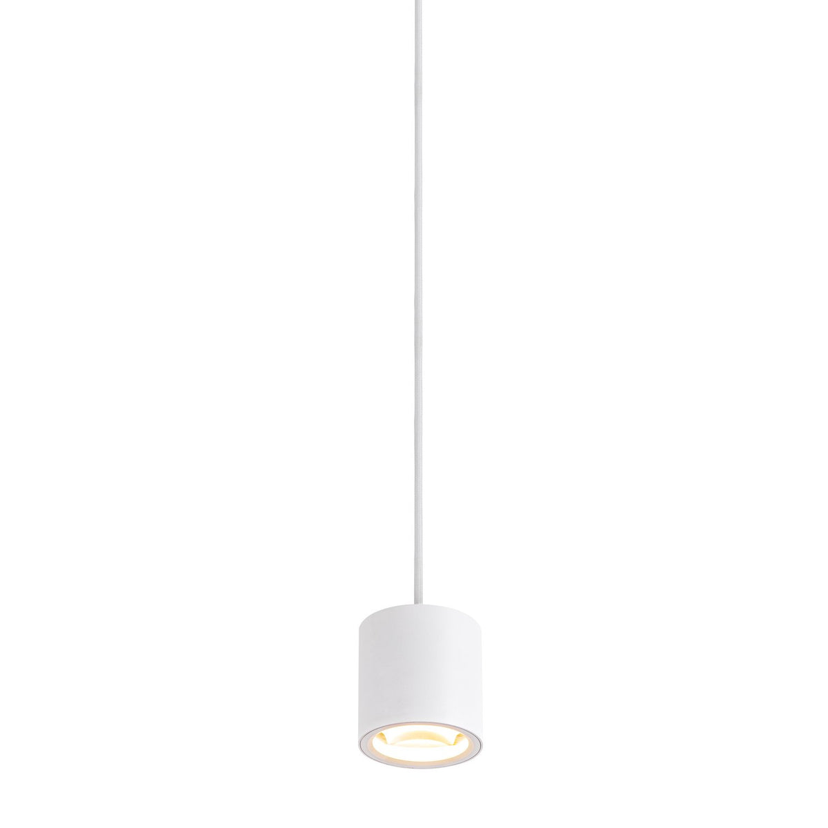 Suspension blanche vue de face, cylindre lumineux et cordon textile vertical sur fond neutre