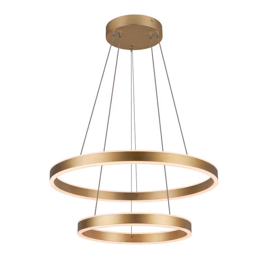 Même suspension double anneaux allumée, halo lumineux chaud visible sur fond blanc.