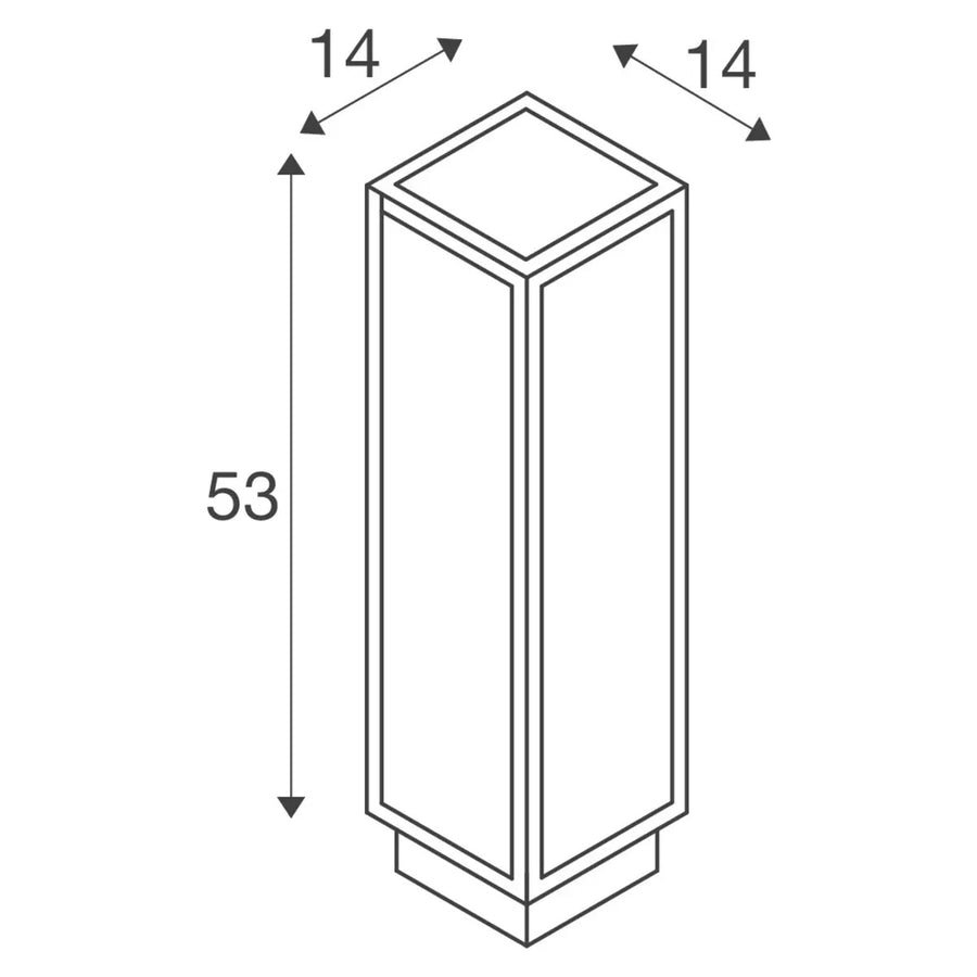 Schéma coté du lampadaire indiquant 14 cm de côté et 53 cm de hauteur.