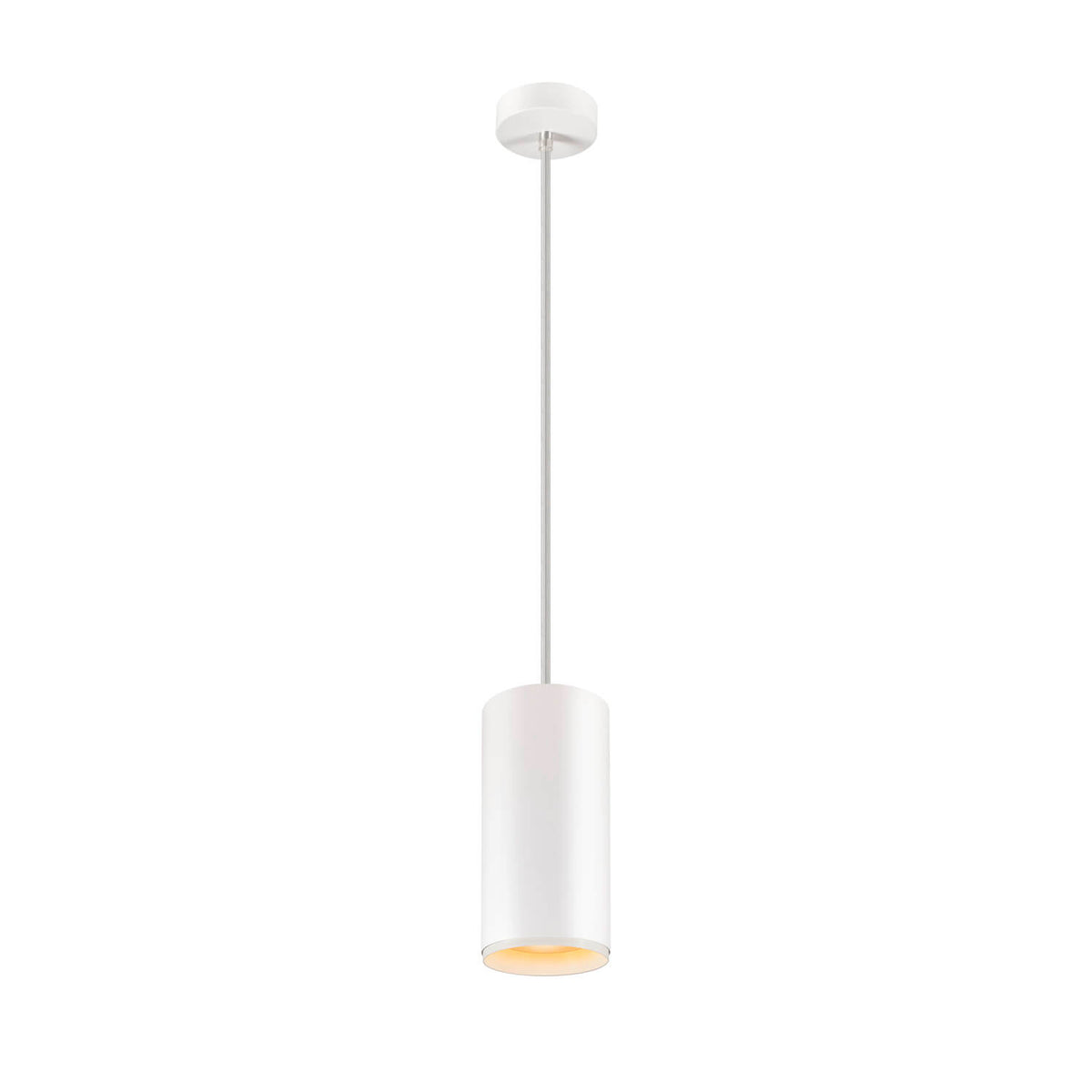 Même suspension vue de face, abat-jour blanc et diffuseur allumé en lumière chaude.