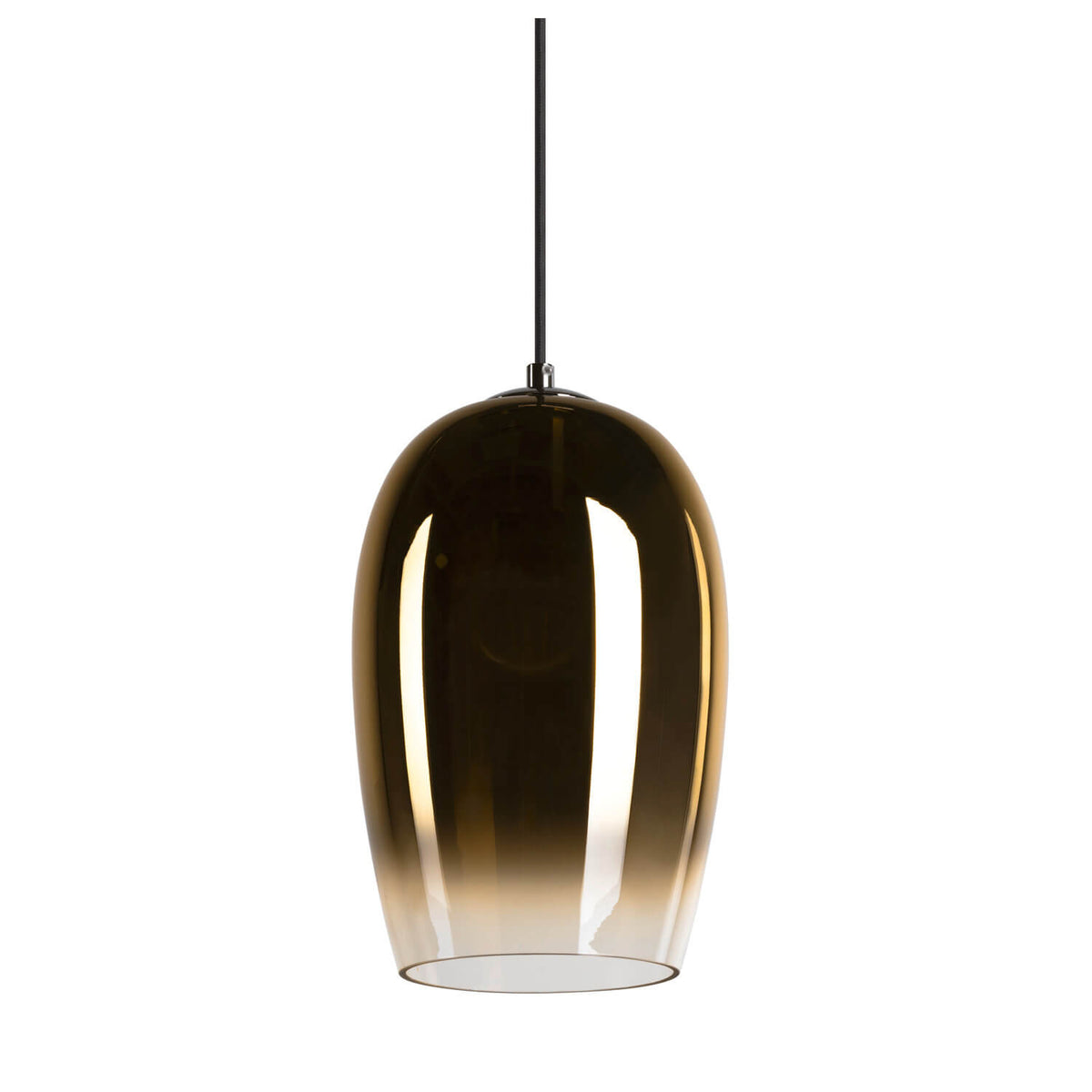 Suspension éteinte de face sur fond blanc, dégradé de verre fumé.